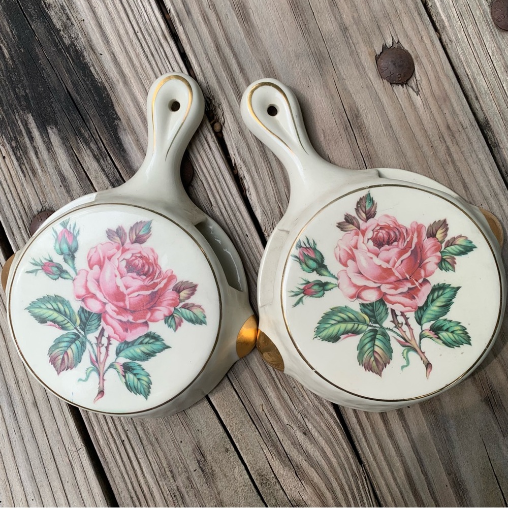 Pair of Fernwood pink rose and cream porcelain wall hangings- 22k gold trim